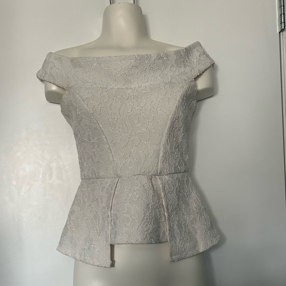 Lipsy London White Off The Shoulder Peplum Bottom embroidered pattern Top
